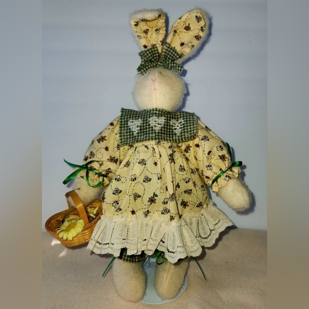 New! HANDMADE Easter Bunny Doll Bee Print Yellow Dress with Basket
